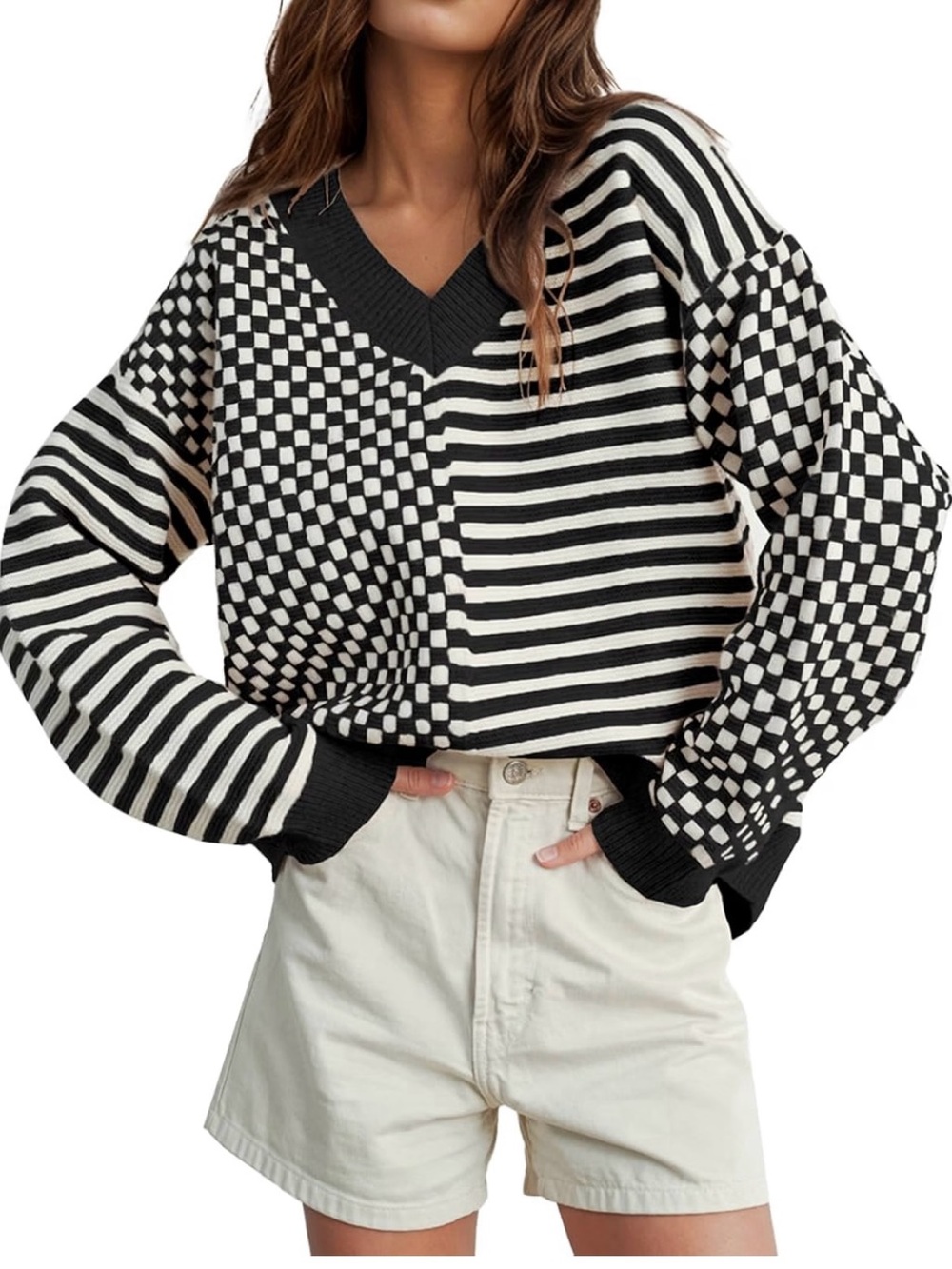 Black & White V-Neck Mixed Stripe Sweater